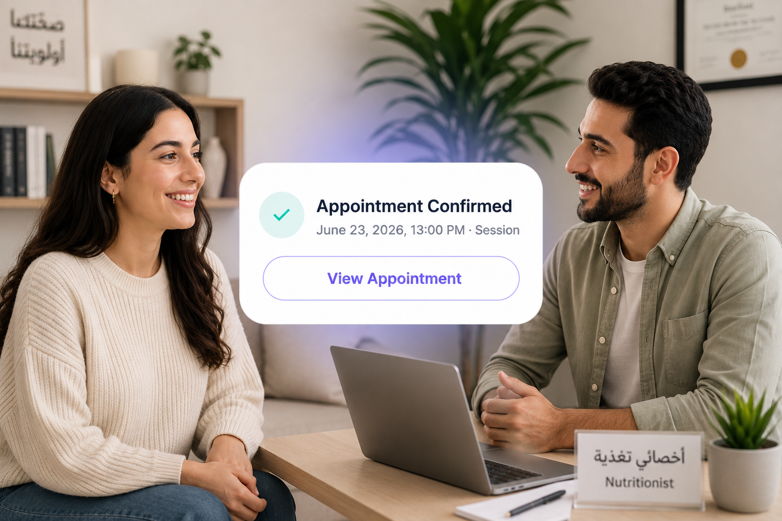 Nutritionist meeting with a client with an Appointment Confirmed notification