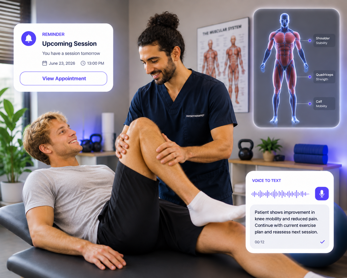 Physiotherapist working with a client with session reminder and voice-to-text notes