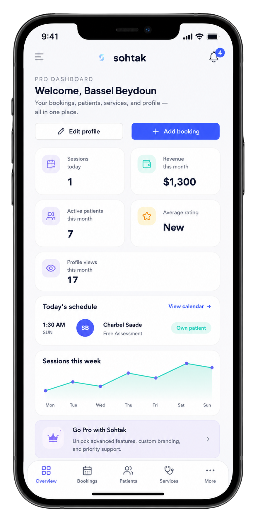 Sohtak mobile app showing a practitioner's dashboard with today's schedule, revenue, and session trends