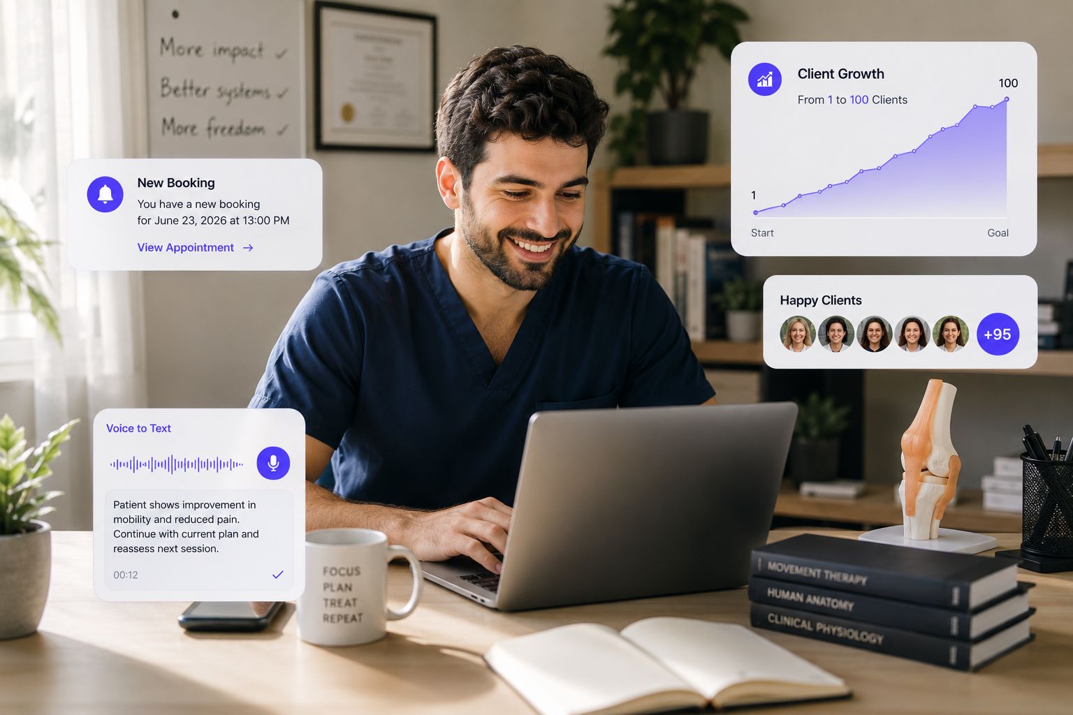 Practitioner at a laptop with booking, client growth and voice-to-text notes cards floating around him